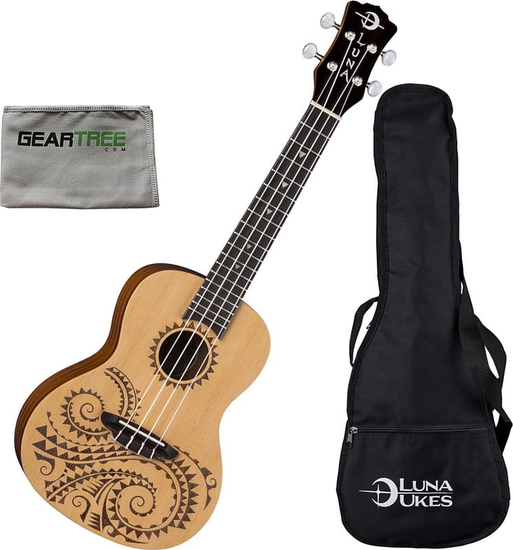 Luna Uke Tattoo Spruce Concert Ukulele w/Gig Bag and Cloth