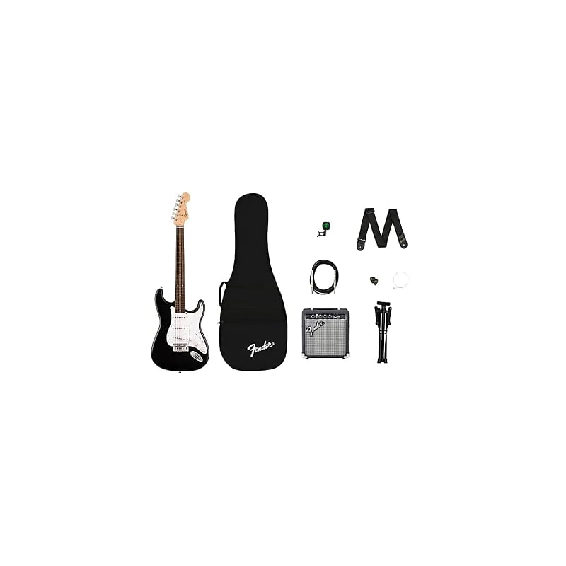 Squier By Debut Collection Stratocaster Electric Guitar Pack. Includes Frontman 10G Amp, Gig Bag, Strap, Cable, Picks, Tuner, Stand, Extra Strings + 3 Month Subscription To Play image 1