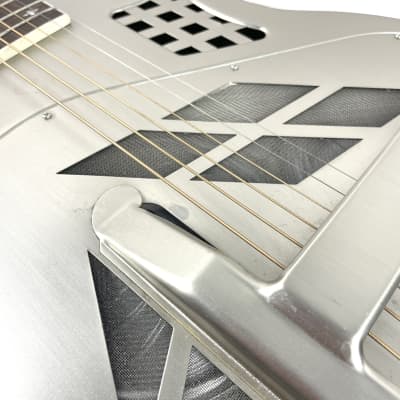 Royall Resonators Trifecta Relic Brushed Steel Finish 14 Fret Cutaway Brass Tricone Guitar With Resophonic Pickup image 7