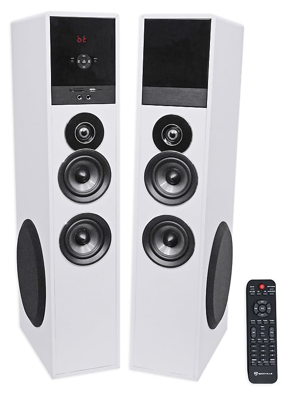 Rockville TM80W White Powered Home Theater Tower Speakers 8" Reverb