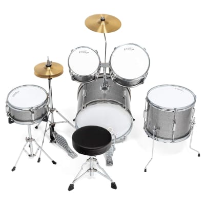 5-Piece Complete Junior Drum Set With Genuine Brass Cymbals - Advanced Beginner Kit With 16" Bass, Adjustable Throne, Cymbals, Hi-Hats, Pedals & Drumsticks - Silver image 3