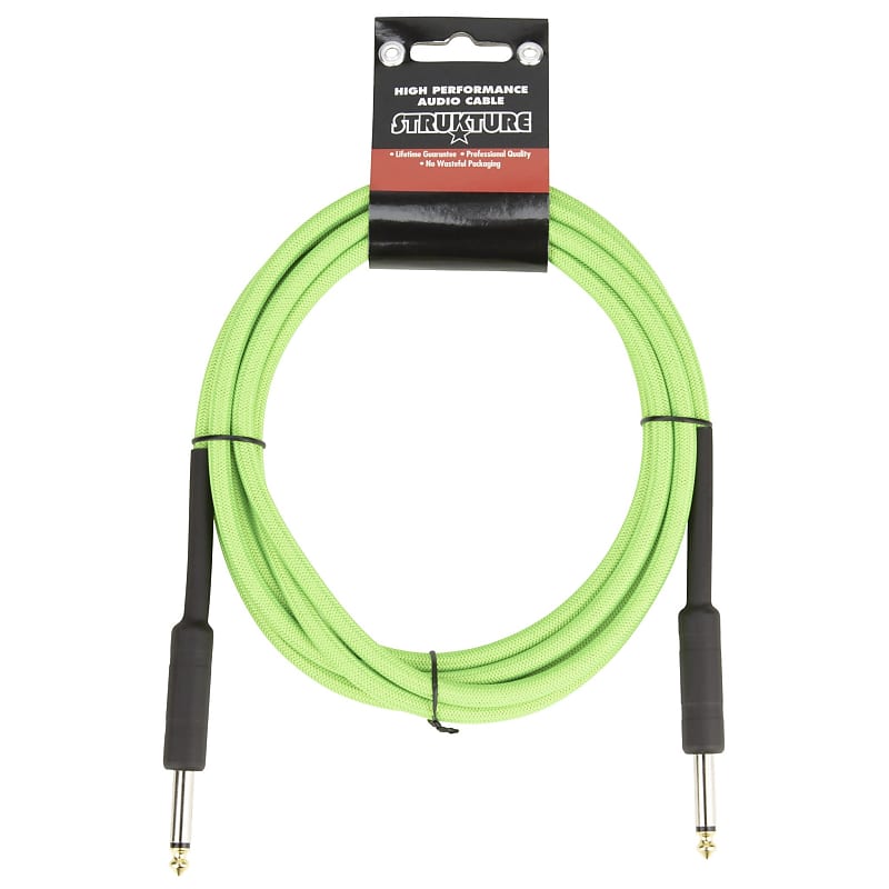 Strukture 10 ft Instrument Cable, 6mm Woven, 1/4" TS Straight Plugs, UFO Green (Bright Lime/Neon) image 1