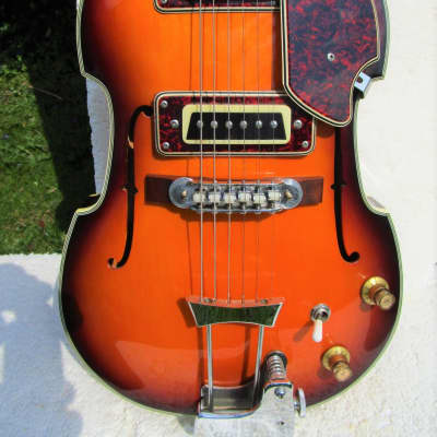 Conrad Violin Shape Guitar, 1960's,  Sunburst, Hang Tags, Scroll Headstock, Original Case image 4