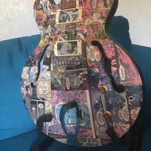 Old Antoria Guitar covered in 80's Sliver Surfer Comics, no pickups, worn frets. PROJECT image 2