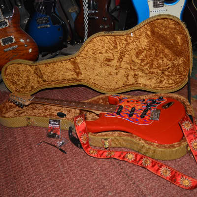 A firery Fender Player Stratocaster in Red w/New Flame Pickguard, New Dunlop Straploks, New Case, & New Set-Up! image 14
