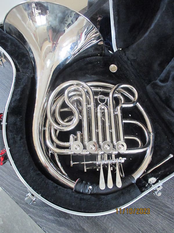 Silver Double French horn with case and mouthpiece Reverb
