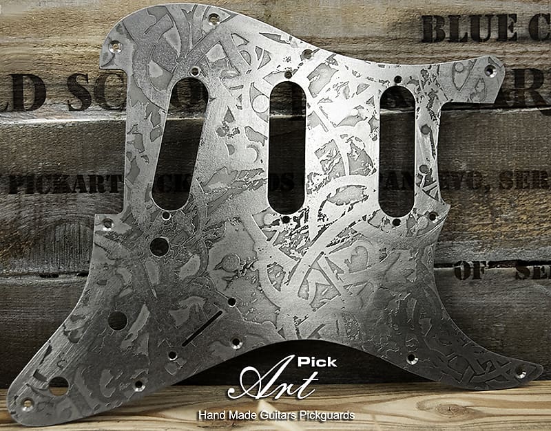 Stratocaster SSS Pickguard Silver Steel Metal Engraved Celtic | Reverb