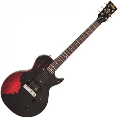 Vintage V120 ICON Electric Guitar ~ Distressed Black Over Cherry Red for sale