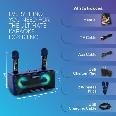 MASINGO Karaoke Machine for Adults and Kids with 2 UHF Wireless Microphones, Portable Bluetooth Singing Speaker, Colorful LED Lights, PA System, Lyrics Display Holder & TV Cable - Presto G2 Blue image 8