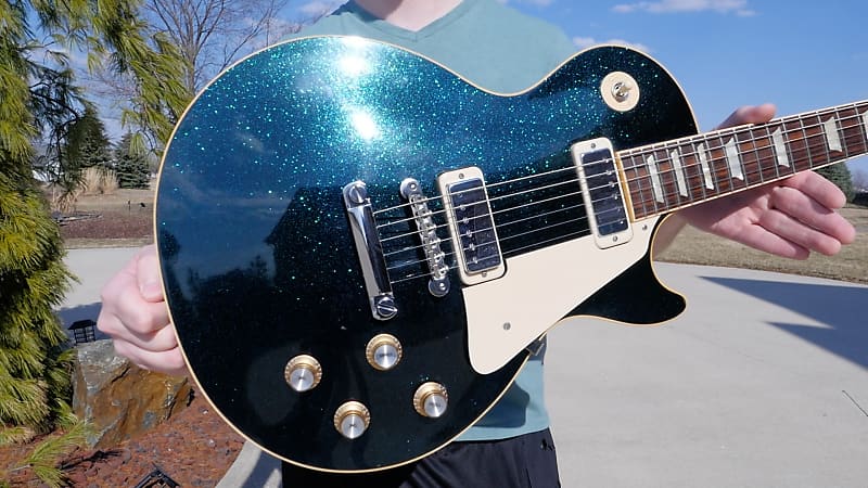 Video! 2018 Gibson Guitar Center 1975 Les Paul Deluxe Tribute Basalt Blue Sparkle image 1