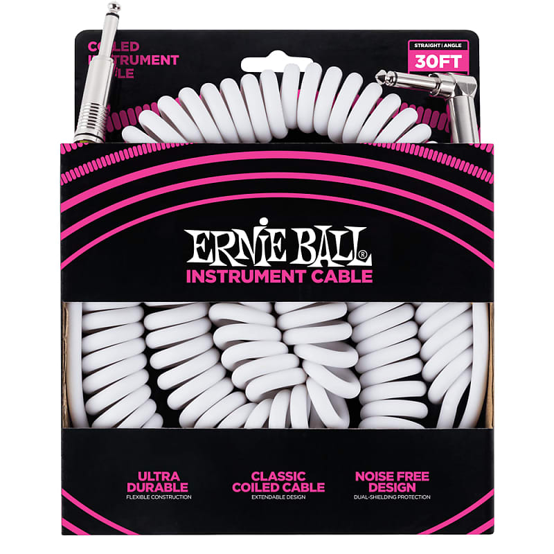 Ernie Ball 6045 Coiled Instrument Cable Straight/Angle 30ft - White image 1
