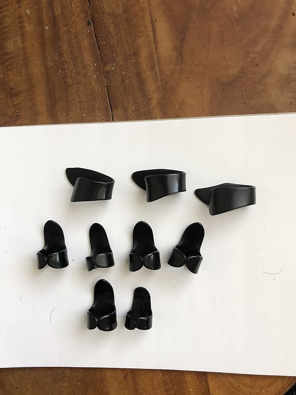 Black plastic thumb picks (3) and finger picks (6) 1950s Reverb