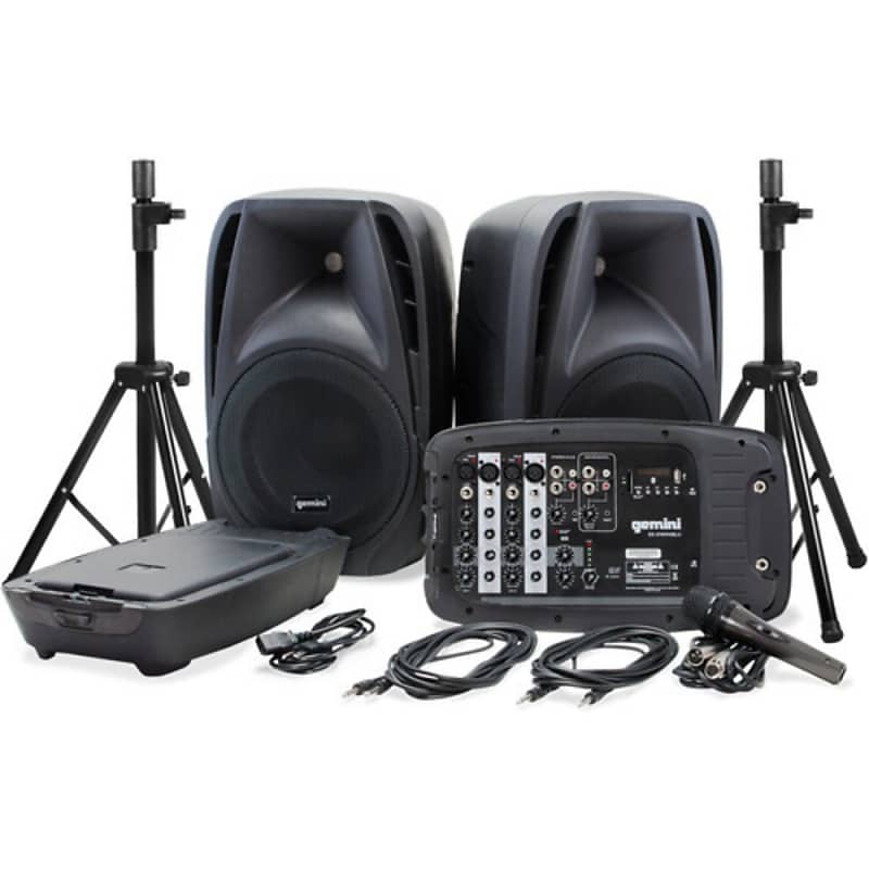Gemini ES-210MXBLU-ST 600W 10" Portable PA System Pack with Powered Mixer, Speakers, Stands, Mic, and Cables (Pair) image 1