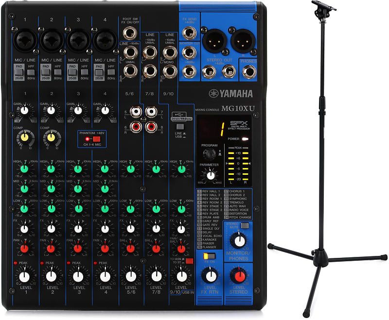 Yamaha MG10XU 10-channel Mixer with USB and FX Bundle with Yamaha Mixer  Stand Bundle - BMS10A and Tripod Microphone Stand