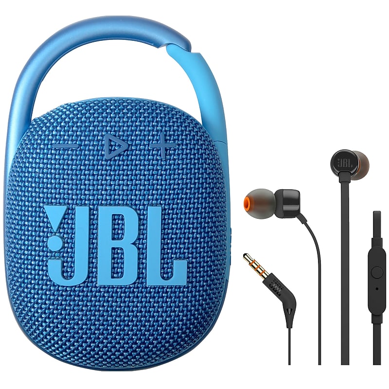 JBL Clip 4 Eco Ultra-Portable Waterproof Bluetooth Speaker (Ocean Blue) + JBL  T110 in Ear Headphones | Reverb