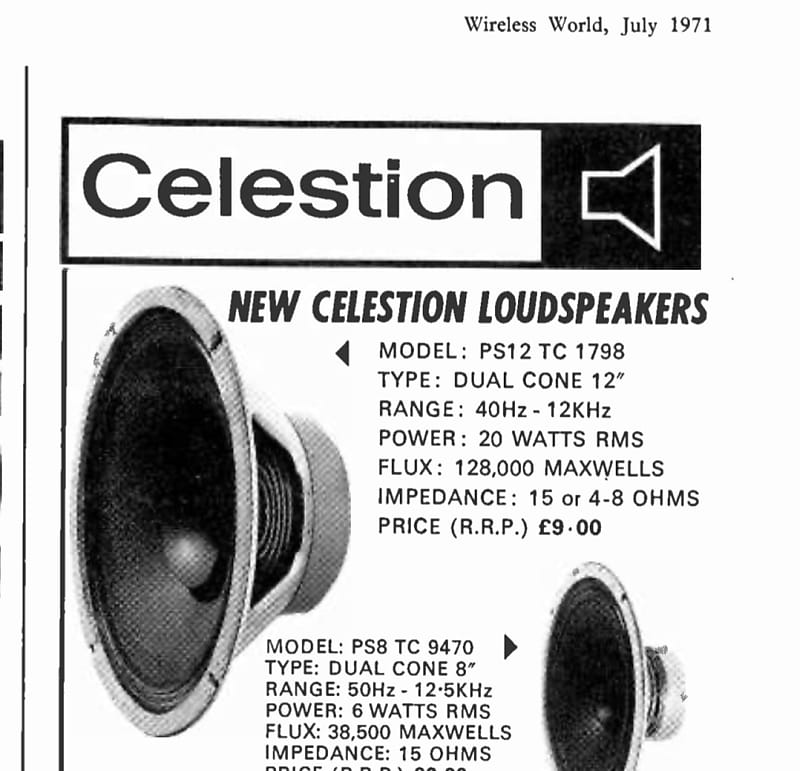 Pair of Rare Special Edition 1971 Rola Celestion PS 12 TC Pair of Rare Special Edition 1971 Rola Celestion PS 12 TC