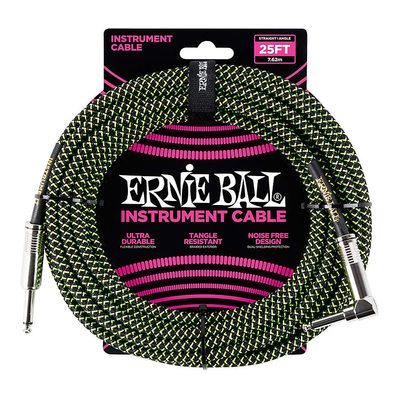 Ernie Ball 25FT Right Angle Braided Instrument Cable Neon Green/Black Fast & Free Same Day Shipping! image 1