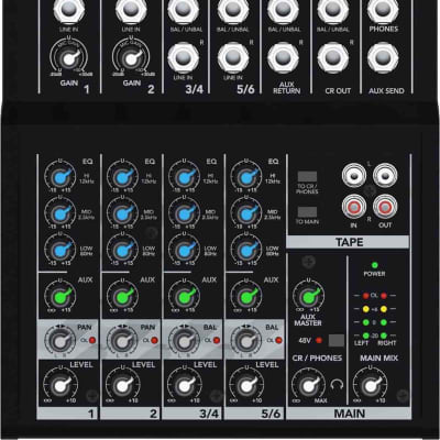 Mackie Mix8 6-input Desktop Mixer with 2 Microphone Preamps 2 Stereo Channels 3-band EQ 1 Aux Tape I image 9