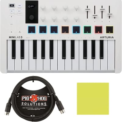 Arturia MiniLab 3 Portable MIDI Keyboard Controller with Pig Hog MIDI Cable  & Polishing Cloth - 25 Key MIDI Controller, White Mini Keyboard for
