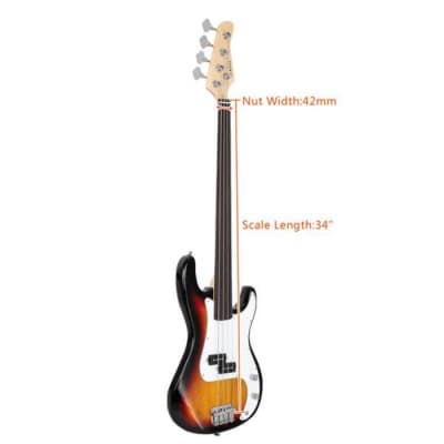 Glarry 4 String Fretless Bass Guitar - Sunburst image 19