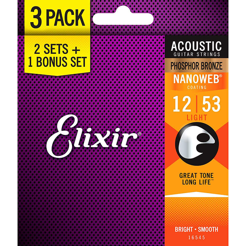 Elixir 3-Pack Phosphor Bronze NANOWEB Acoustic Guitar Strings, Light 12-53 11052 image 1