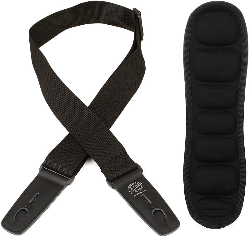 Lock-It Straps Professional Gig Series 2" Black Poly Strap with Locking Ends Bundle with D'Addario PW-GSP Gel Shoulder Pad for Fabric Straps image 1