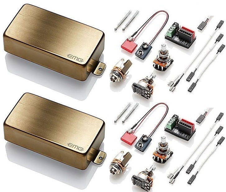 EMG 81 + 60 BRUSHED GOLD ACTIVE SOLDERLESS HUMBUCKER GUITAR PICKUP SET  SHORT SHAFT POTS & WIRING