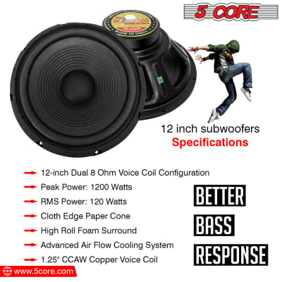 5 Core 12 Inch Subwoofer PAIR Audio Raw Replacement PA DJ Speaker Sub Woofer 120W RMS 1200W PMPO Subwoofers 8 Ohm 1.25" Copper Voice Coil WF 12120 2PCS image 3