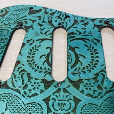US made turquoise 1910s stencil laser engraved wood pickguard for Stratocaster image 3