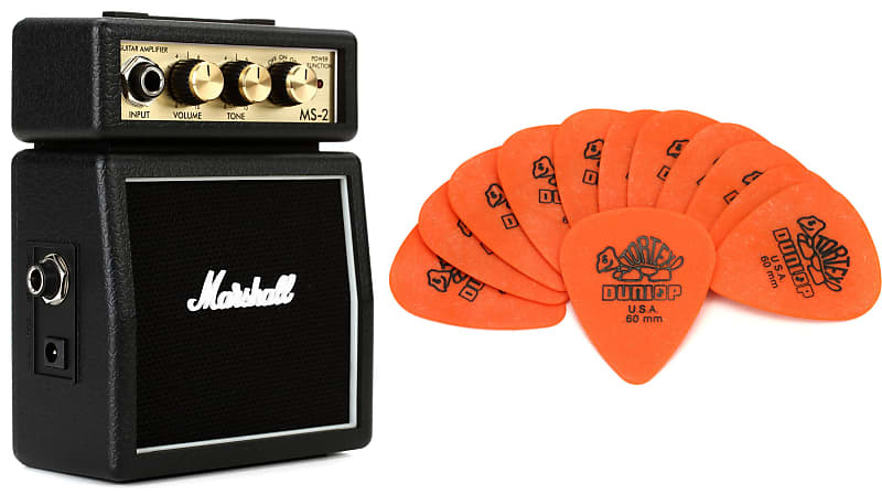 Marshall MS-2 1-watt Battery-powered Micro Amp - Black  Bundle with Dunlop Tortex Standard Guitar Picks - .60mm Orange (12-pack) image 1