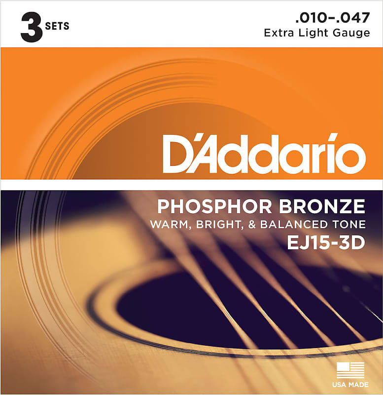 D'Addario EJ15-3D Phosphor Bronze Acoustic Guitar Strings, Extra Light, 3 Sets image 1