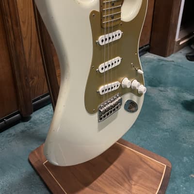 FREAKIN! Danocaster Strat 2014 Nicotine White with Anodized Gold Pickguard V-Neck (Video Demo) image 2