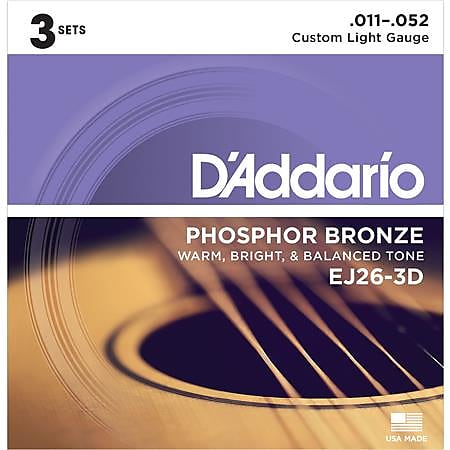 D'Addario EJ26-3D 11-52 Custom Light, Phosphor Bronze Acoustic Guitar Strings 3-Pack