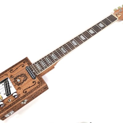 Handcrafted 2 Pickup Engraved Mahogany 6 String Opening Body 24.75"Scale Electric Cigar Box Guitar image 3