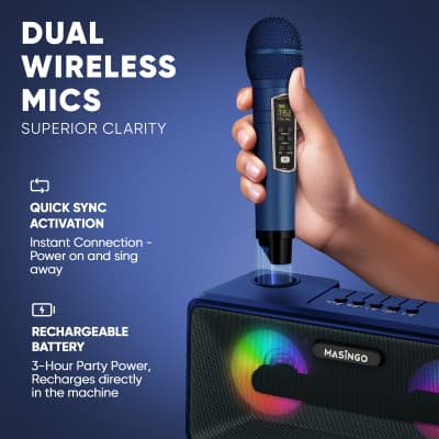 MASINGO Karaoke Machine for Adults and Kids with 2 UHF Wireless Microphones, Portable Bluetooth Singing Speaker, Colorful LED Lights, PA System, Lyrics Display Holder & TV Cable - Presto G2 Blue image 5