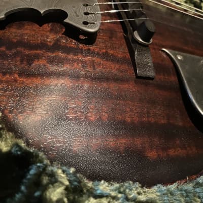 Scott Walker Katana Guitar!  As~New Elegant and simple solid body one piece old growth Curly Mahogany~Oiled, Damascus Steel Tailpiece and Pickguard, Johnny Smith pickup, Calton HSC, COA and more! image 16