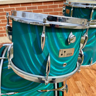 1960s Sonor Teardrop Drum Set Multi-Brilliant Turquoise Satin Flame Blue/Green 20/12/16/5x14 image 10