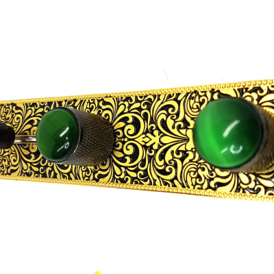 Brio Metal Engraved Tele Control Plate Gold on Black -Black Knobs Green Gem image 3