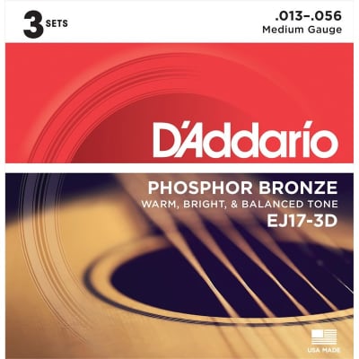 D'Addario EJ17-3D Phosphor Bronze Acoustic, Medium, 13-56, 3 Pack for sale