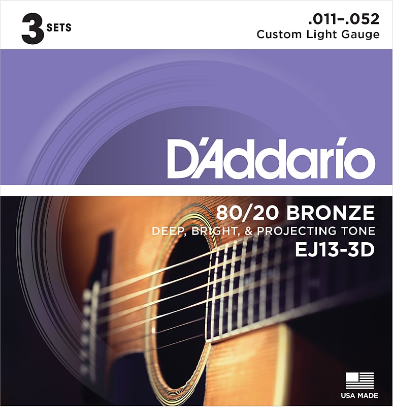 D'Addario EJ13-3D Acoustic Strings 80/20 Bronze 11-52 Custom Light 3-Pack image 1