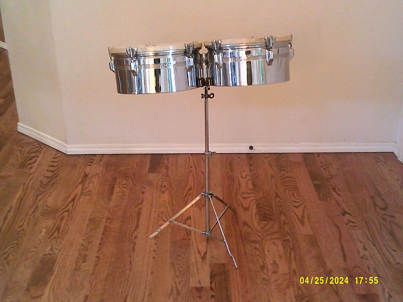 Rogers Vintage 13/14" Chrome Over Brass Timbales W/Stand, Reverb