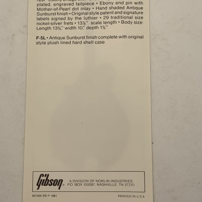 Gibson F-5L Dealer Sheet 1981 image 3