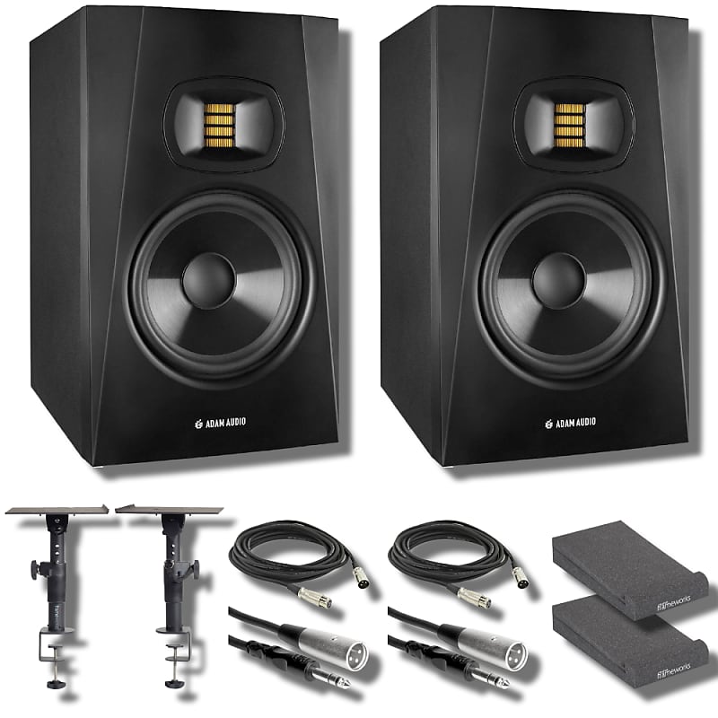 Adam Audio T5V Studio Monitor (Pair) with Frameworks Studio Monitor  Isolation Pads, Clamp-On Studio Monitor Stands, Professional Grade XLR  Cables, Stereo Interconnect Cables and StreamEye Polishing Cloth | Reverb