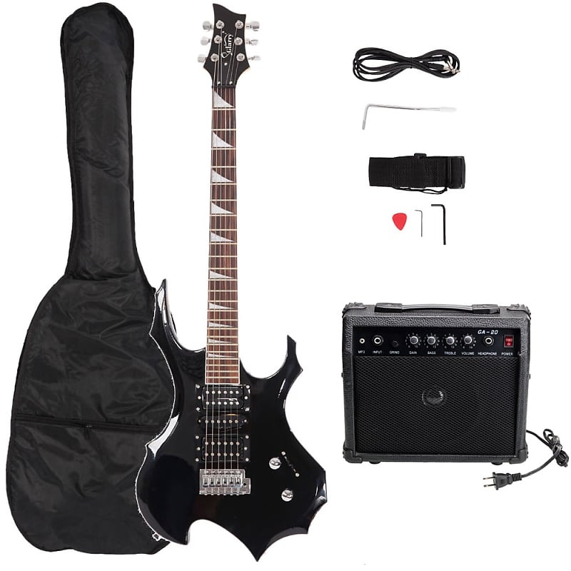 Glarry Flame Shaped Electric Guitar with 20W Electric Guitar Sound HSH Pickup Novice Guitar - Black image 1