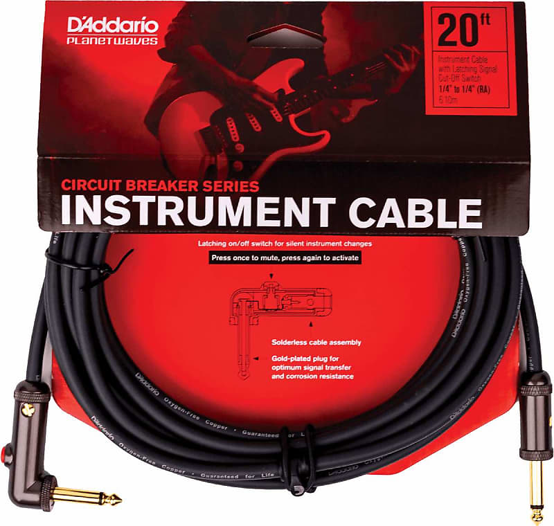 Planet Waves PW-AGLRA-20 1/4" TRS Circuit Breaker Latching Straight to Right-Angle Instrument Cable - 20' image 1