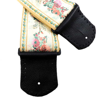 Victorian Floral Jacquard Handmade Guitar Strap in Shades of Cream, Green, and Pink, image 6