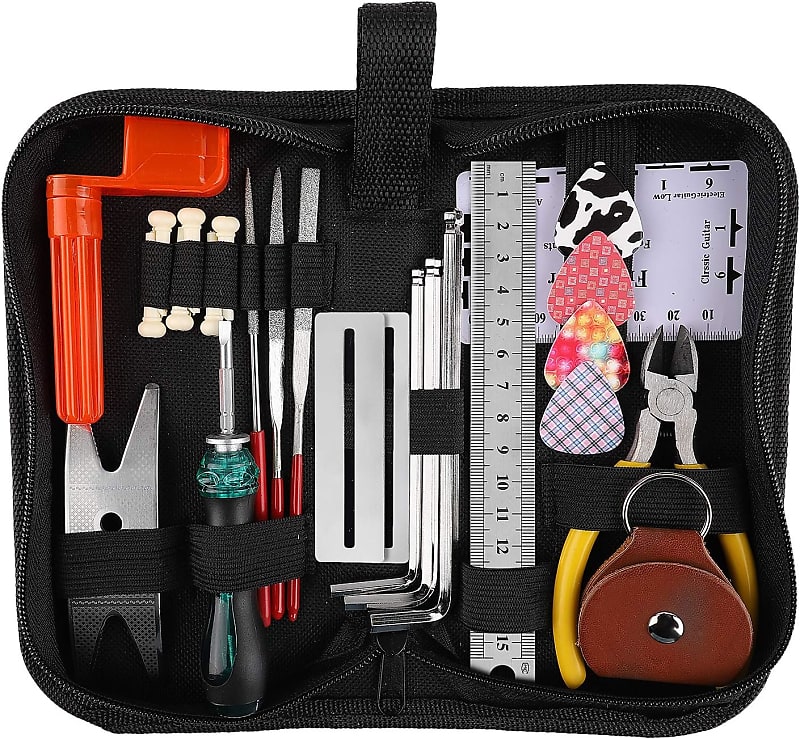 Guitar Repairing Tool Kit(26PCS) Wire Plier,String Organizer,Fingerboard Protector,Hex Wrenches, Files, String Ruler Action Ruler, Spanner Wrench,Bridge Pins for Guitar Ukulele Bass Mandolin Banjo image 1