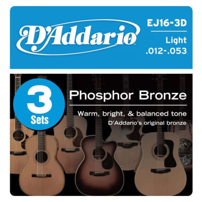 3-Pack D'Addario EJ16 Phosphor Bronze Acoustic Guitar Strings, Light Gauge 12-53 image 1