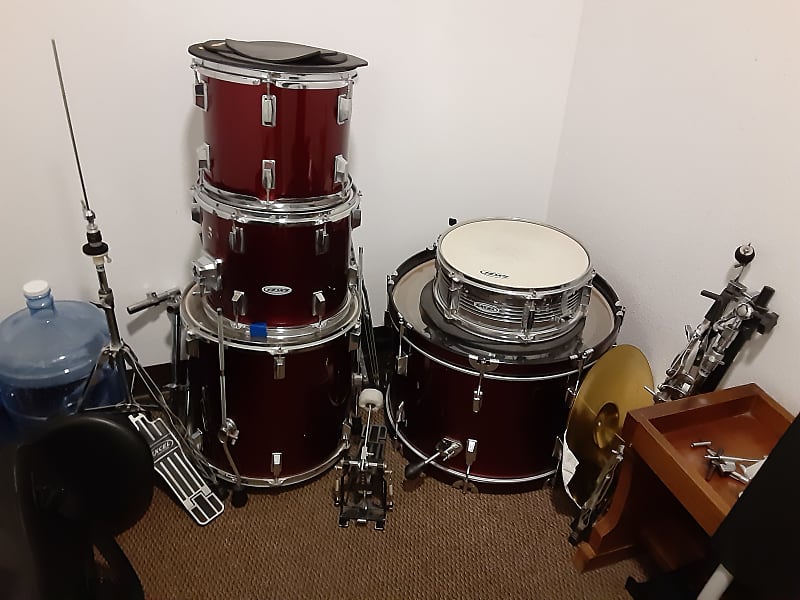 Excel complete drum set with throne, cymbals, stands red Reverb