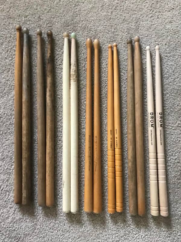 7 Pairs of Various Marching Snare / Tom,1960's - 2000 ,Wood/White Drum  Sticks